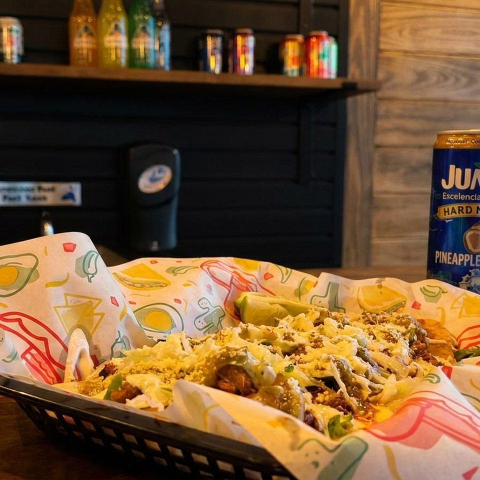 A basket of tacos with shredded lettuce, cheese, and lime, next to a Jumex pineapple coconut drink.